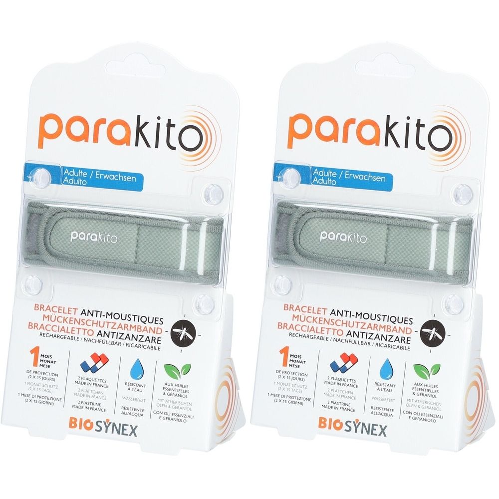 Zwei Armbänder in Verpackung. Marke: Parakito. Text: Anti-Mücken-Armband. Für Erwachsene. Kaki-farbenes Armband.