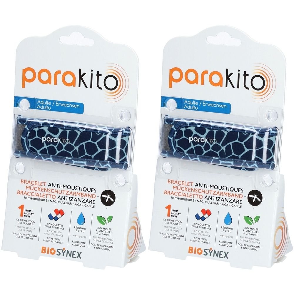 Zwei Armbänder in Verpackung. Blaues Armband mit Muster. Marke: parakito. Text: Mückenschutzarmband, Erwachsene.