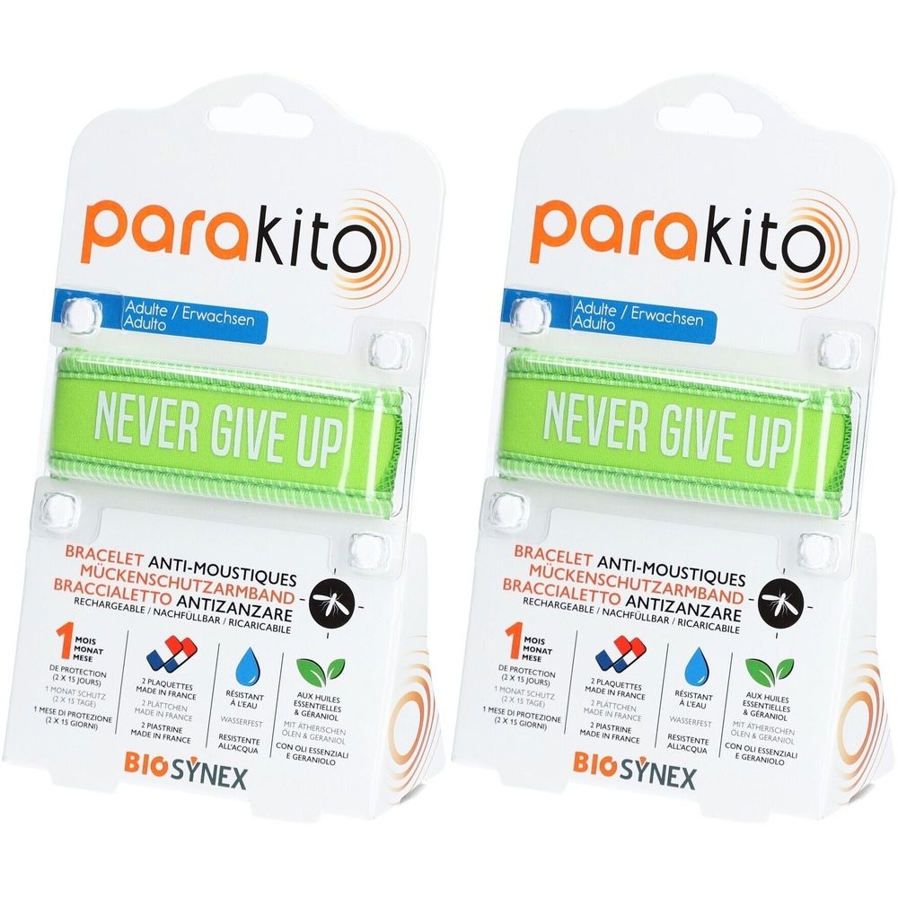 Zwei grüne Parakito-Armbänder mit der Aufschrift "NEVER GIVE UP" in der Verpackung. Text: "BRACELET ANTI-MOUSTIQUES".
