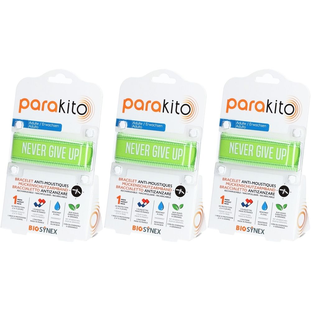 Drei Armbänder in Verpackung. Grün mit Schriftzug "NEVER GIVE UP". Marke: parakito. Verpackung mit Logos und Text.