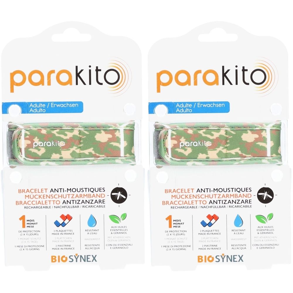 Deux bracelets anti-moustiques PARAKITO camouflage. Texte: Adulte/Erwachsen, Bracelet Anti-Moustiques, Biosynex.