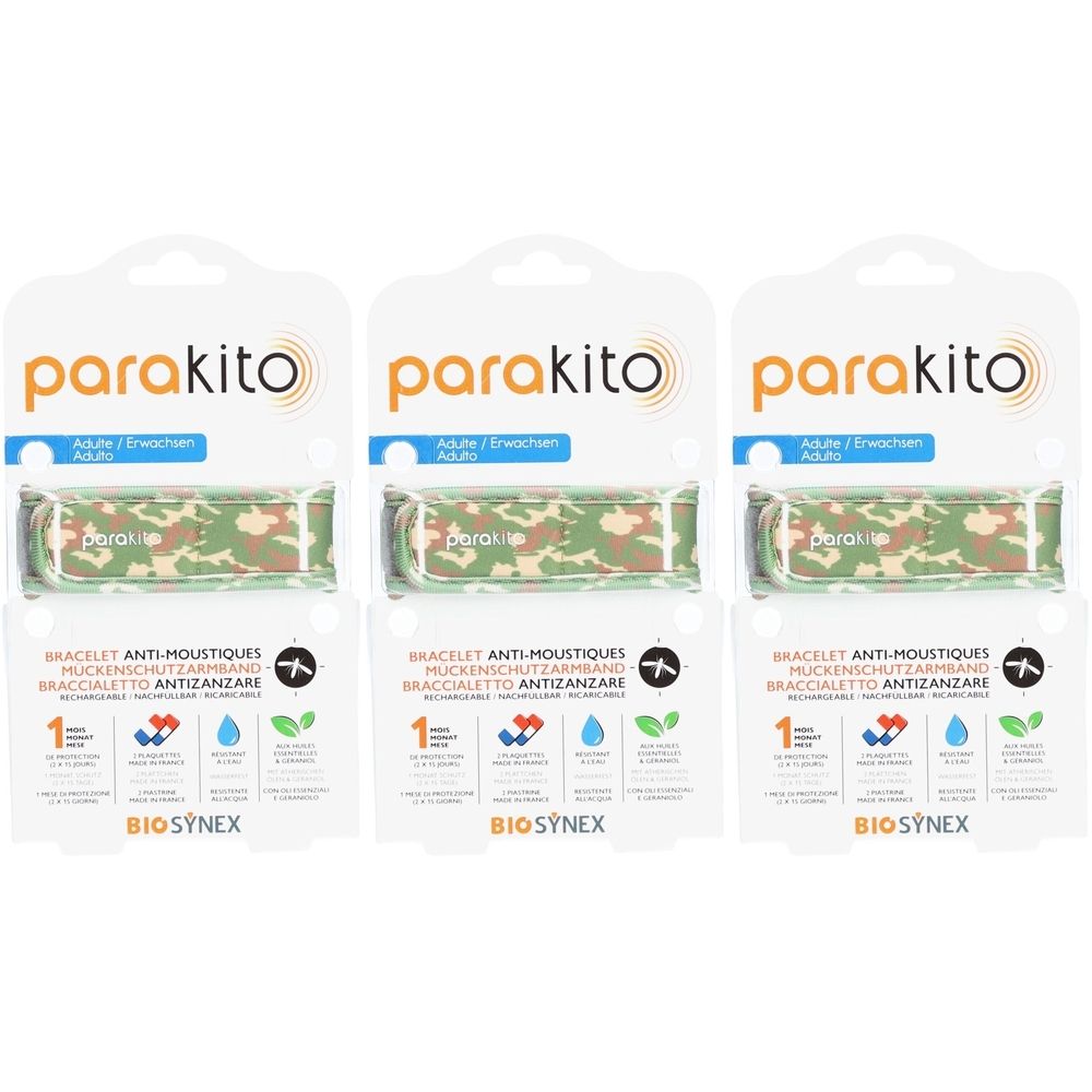 Drei Packungen mit Armbändern. Tarnmuster-Armbänder in Verpackung. Marke: parakito. Text: Bracelet anti-moustiques.