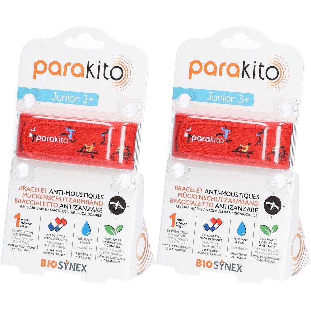 Zwei rote Parakito Junior 3+ Armbänder in Verpackung. Aufdruck: Parakito, Anti-Mücken-Armband, BioSynex.