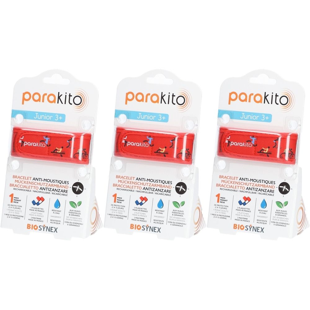 Drei PARAKITO Junior 3+ Armbänder in Verpackung. Rote Armbänder mit kindlichen Motiven. Verpackung mit Produktinformationen.