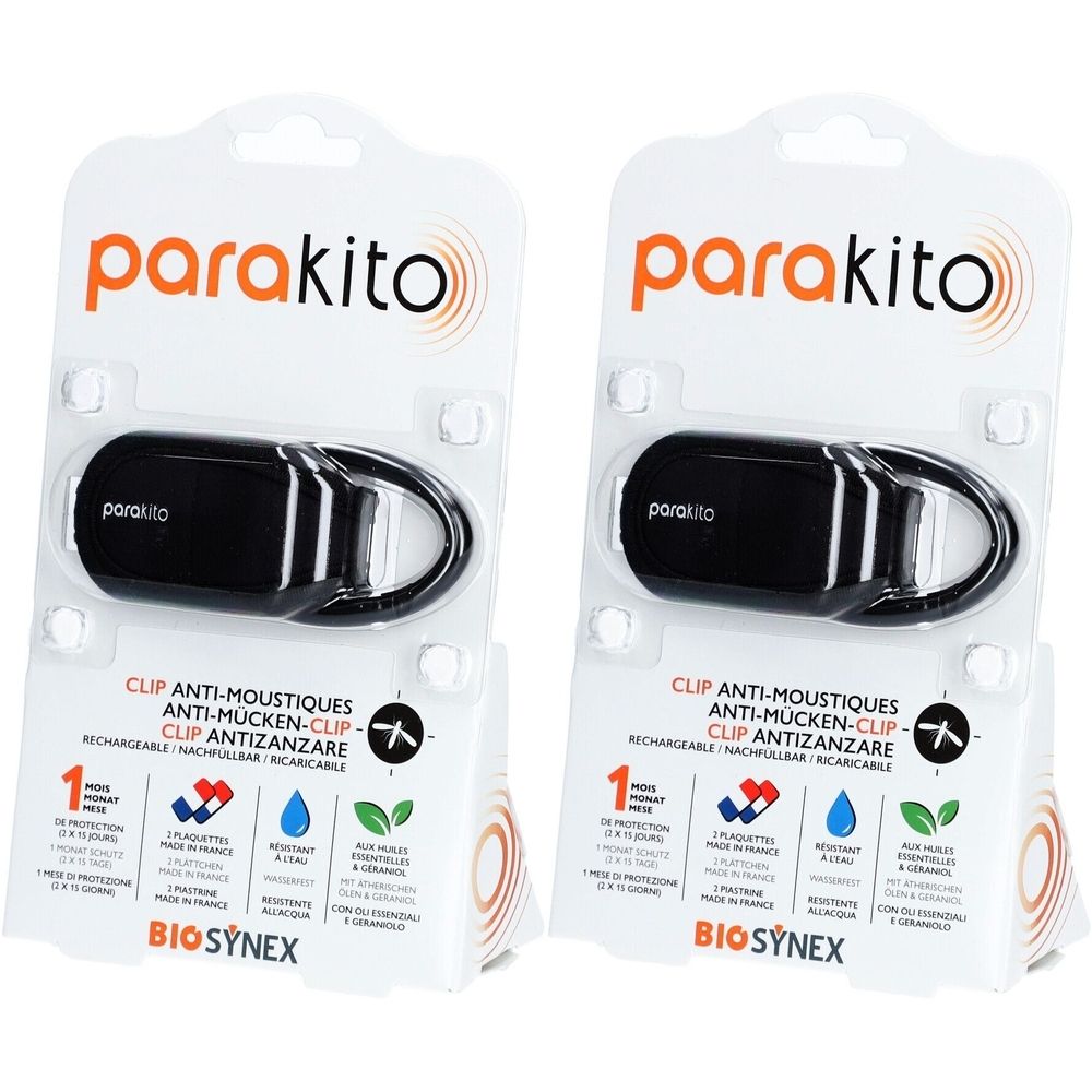 Zwei schwarze Parakito-Clips für Kinderwagen/Rucksack in Blisterverpackung. Mit Karabinerhaken. Text: Anti-Mücken-Clip.