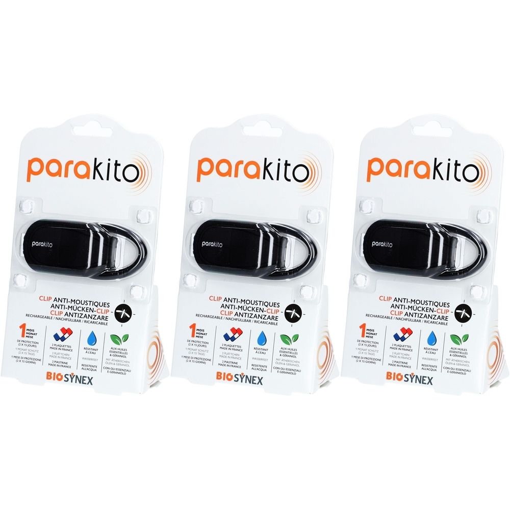 Drei Packungen mit schwarzen Clips. Auf jeder Packung steht "parakito" und "CLIP ANTI-MOUSTIQUES".