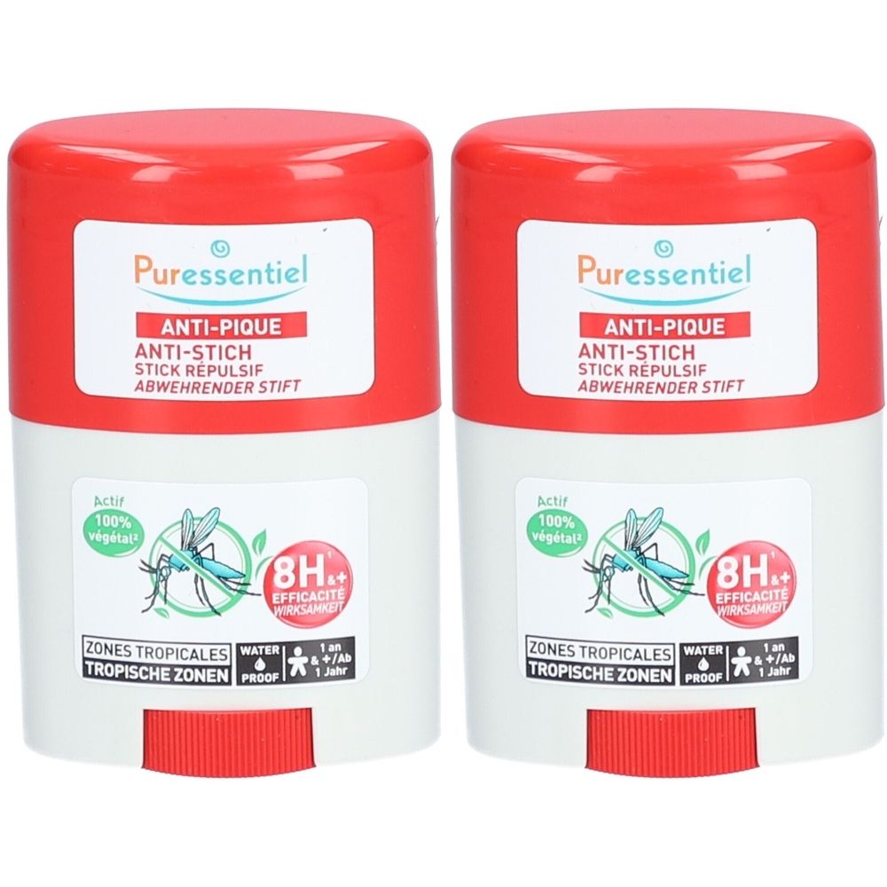Zwei zylindrische, rot-weißfarbene Stifte. Aufschrift: Puressentiel, Anti-Pique, Anti-Stich, Stick Repulsif. Mit grünen Logos und Texten.