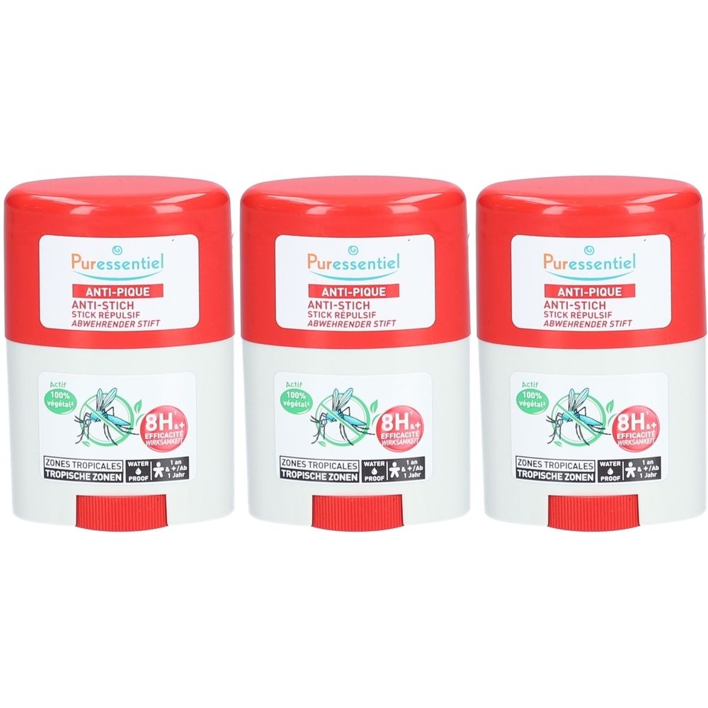 Drei zylindrische, rot-weiße Stifte. Aufschrift: Anti-Pique, Anti-Stich, Stick Repulsif. Marke: Puressentiel. Mit grüner Kennzeichnung und Logo.