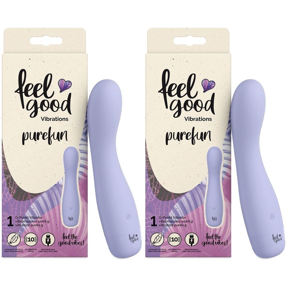 Deux vibrateurs violets à côté d'emballages. Les emballages indiquent "feel good purefun".