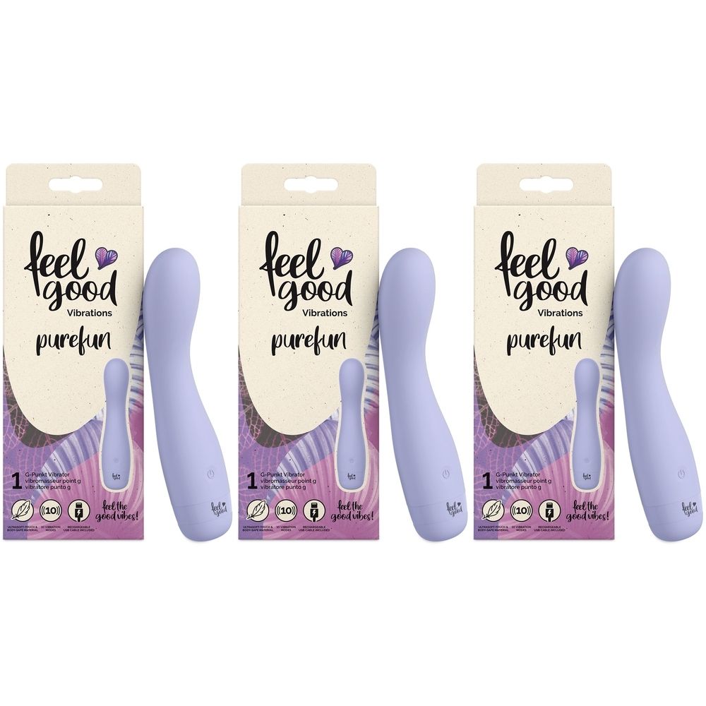 Trois vibrateurs violets avec emballage. L'emballage porte la mention "feel good purefun".