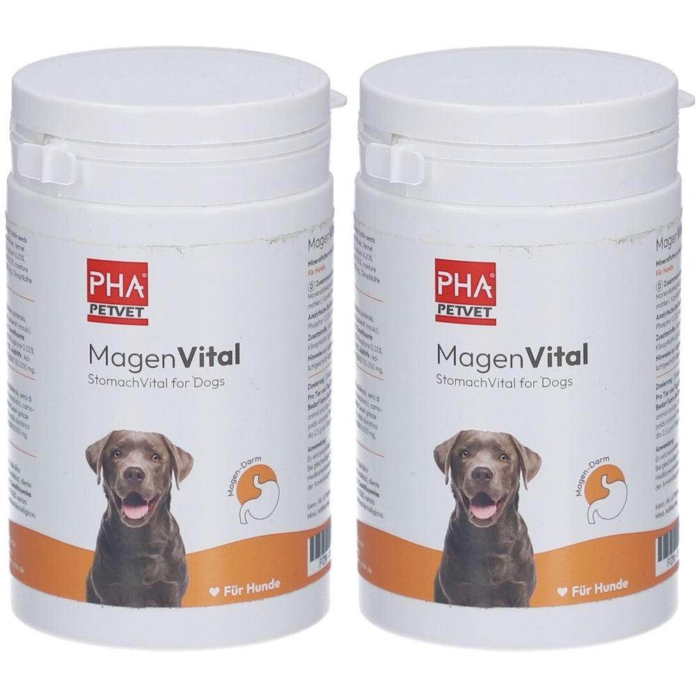 Zwei weiße Behälter mit Deckel. Aufschrift: PHA PetVet MagenVital StomachVital for Dogs. Abbildung eines Hundes. Text: Für Hunde.
