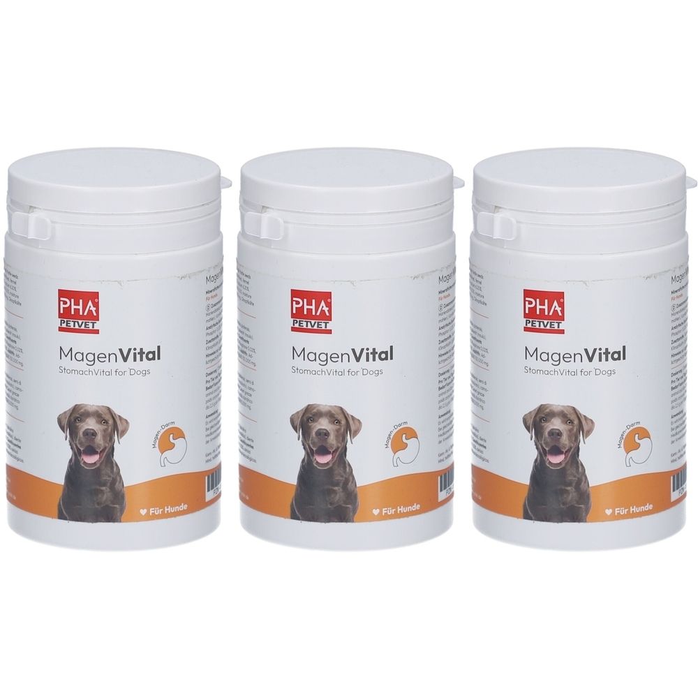 Drei weiße Behälter mit Deckel. Auf jedem Behälter steht "PHA PETVET MagenVital StomachVital for Dogs". Ein Hund ist abgebildet.