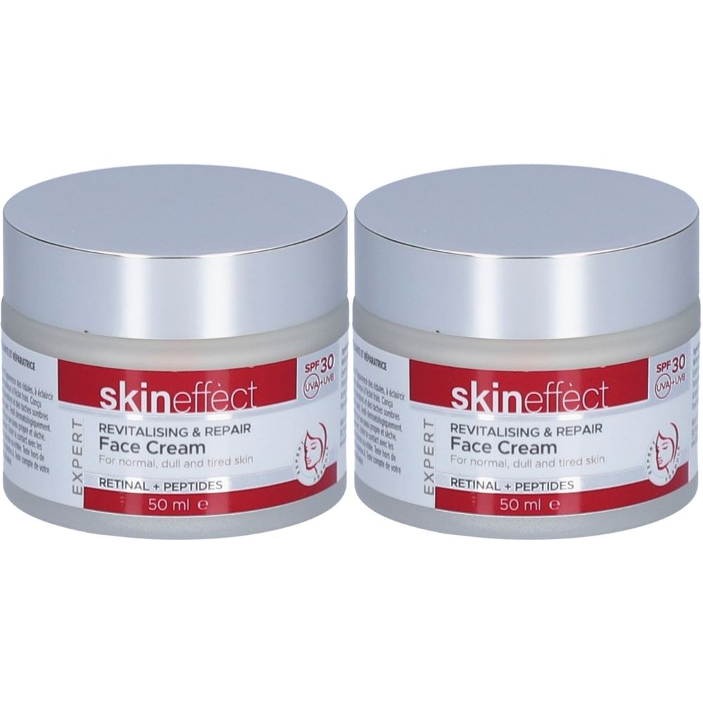 Zwei Tiegel Gesichtscreme mit silbernem Deckel. Auf dem Etikett steht "skineffect Revitalising & Repair Face Cream".