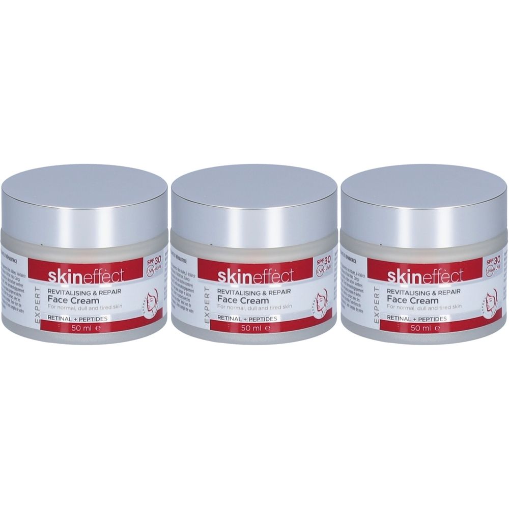 Drei Tiegel Gesichtscreme mit silbernem Deckel. Aufschrift: skin effect, Revitalising & Repair Face Cream. Roter Streifen mit Text.