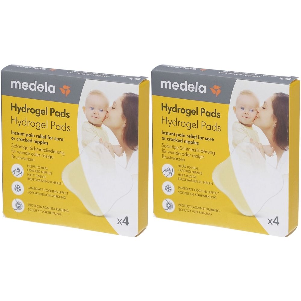 Zwei Packungen Medela Hydrogel Pads. Gelbe Verpackung mit Produktname und Abbildung einer Mutter mit Baby. Aufschrift: x4.