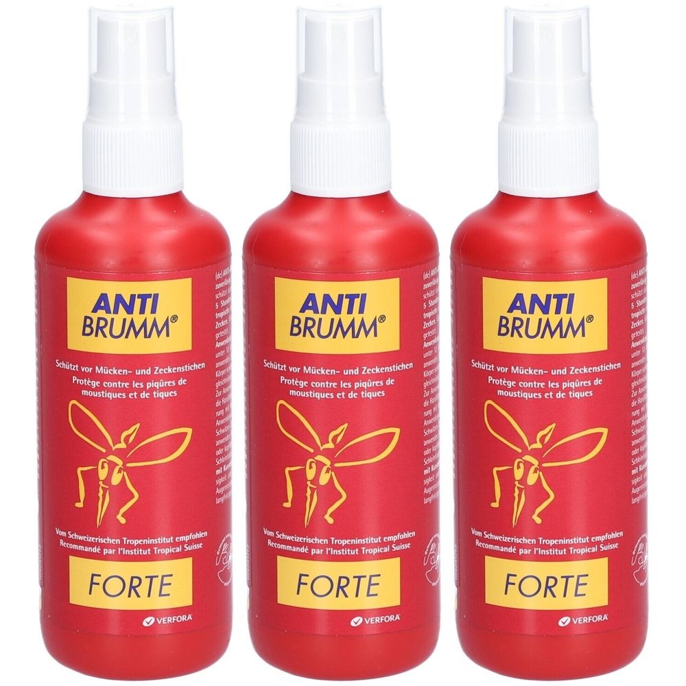 Trois flacons pulvérisateurs rouges avec tête blanche. "ANTI BRUMM" sur fond jaune. Texte et symbole d'insecte. "FORTE" en dessous.