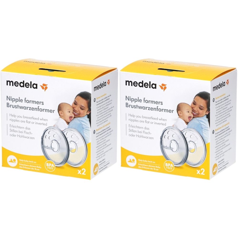 Deux boîtes Medela Nipple formers. Texte: Brustwarzenformer. Image d'une mère et son bébé. Sans BPA. x2.