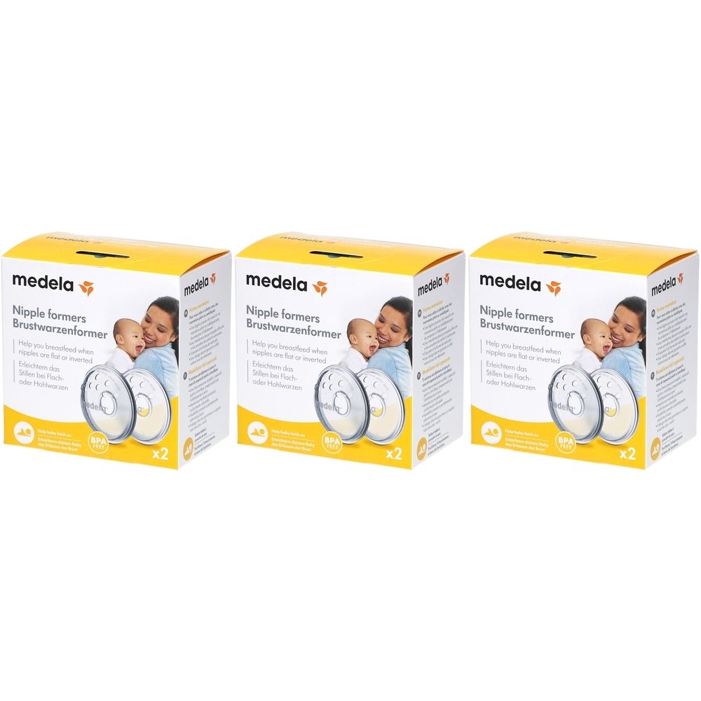 Trois boîtes jaunes. Chaque boîte porte le nom "medela" et "Nipple formers Brustwarzenformer". Deux forme-mamelons transparents sont représentés.