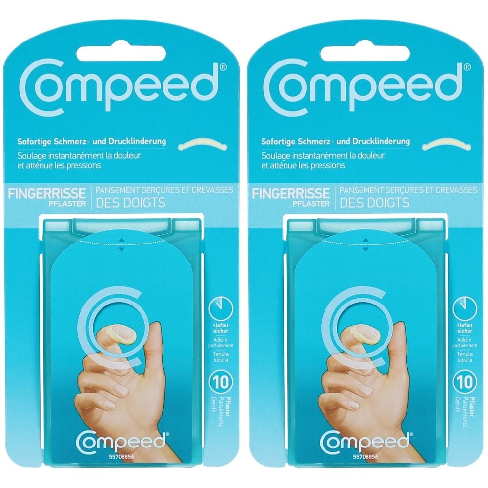 Zwei Packungen Pflaster. Blaue Verpackung mit Produktabbildung und Schriftzug. Aufschrift: Fingerrisse, Compeed.