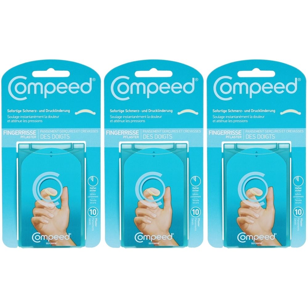 Drei Packungen Compeed Fingerpflaster. Blaue Verpackung mit Produktabbildung und Schriftzug. Zehn Pflaster pro Packung.