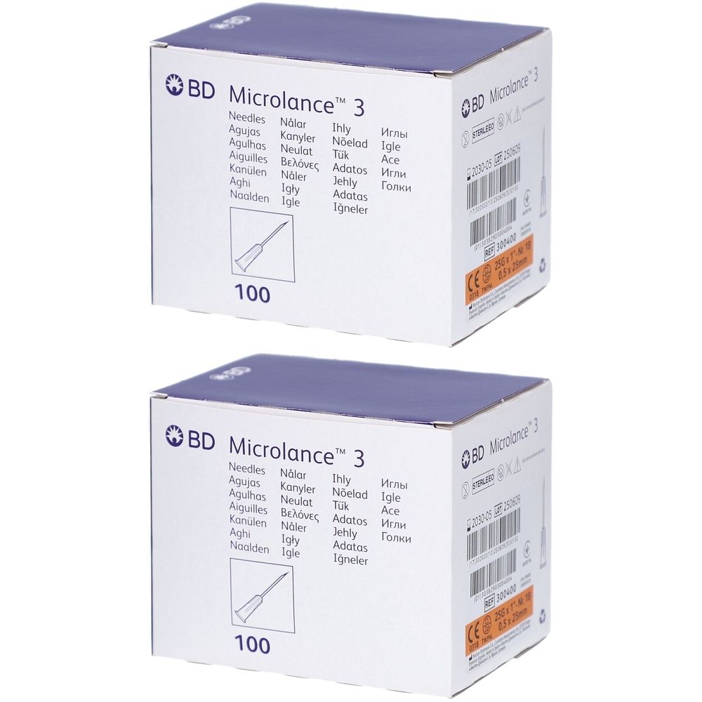 Zwei Kartons BD Microlance 3 Nadeln. Aufdruck: 100 Nadeln. CE-Kennzeichnung. Produktbezeichnung und weitere Sprachen.