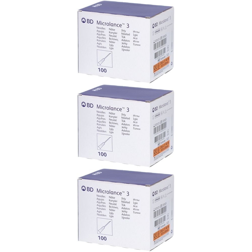 Drei Kartons mit BD Microlance 3 Nadeln. Auf jedem Karton steht "100". Die Verpackungen sind weiß mit blauen Deckeln und Logos.