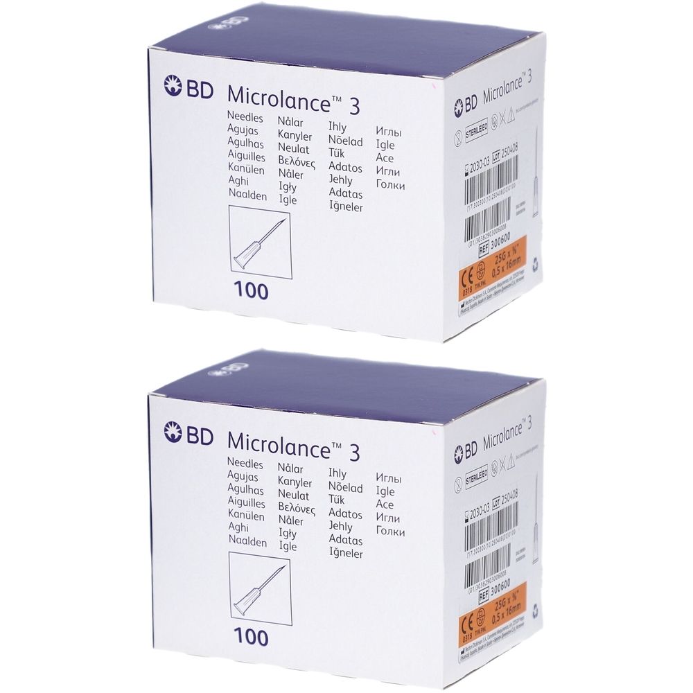 Zwei Kartons BD Microlance 3 Nadeln. Aufdruck: 100 Stück. Aufschrift in mehreren Sprachen. CE-Kennzeichnung.