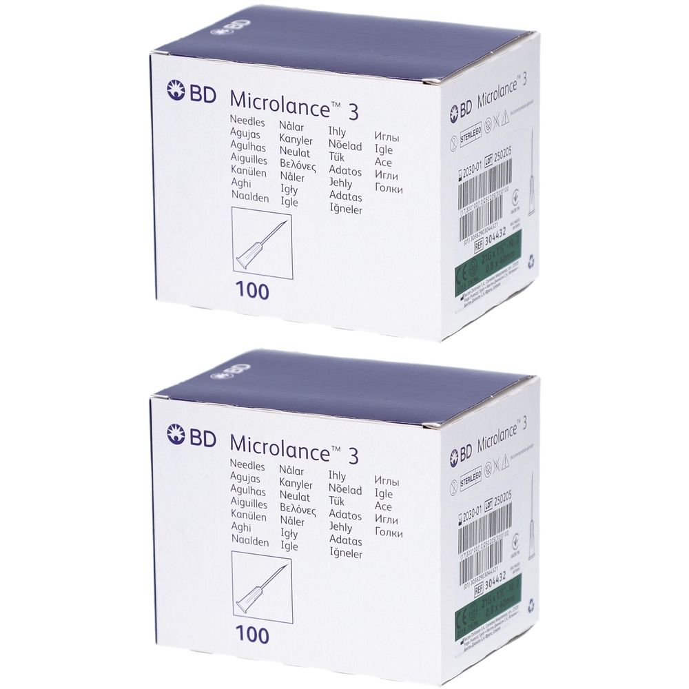 Zwei Kartons BD Microlance 3. Aufdruck: Nadeln, 100 Stück. Grün-weiße Verpackung mit Produktbezeichnung und Barcode.