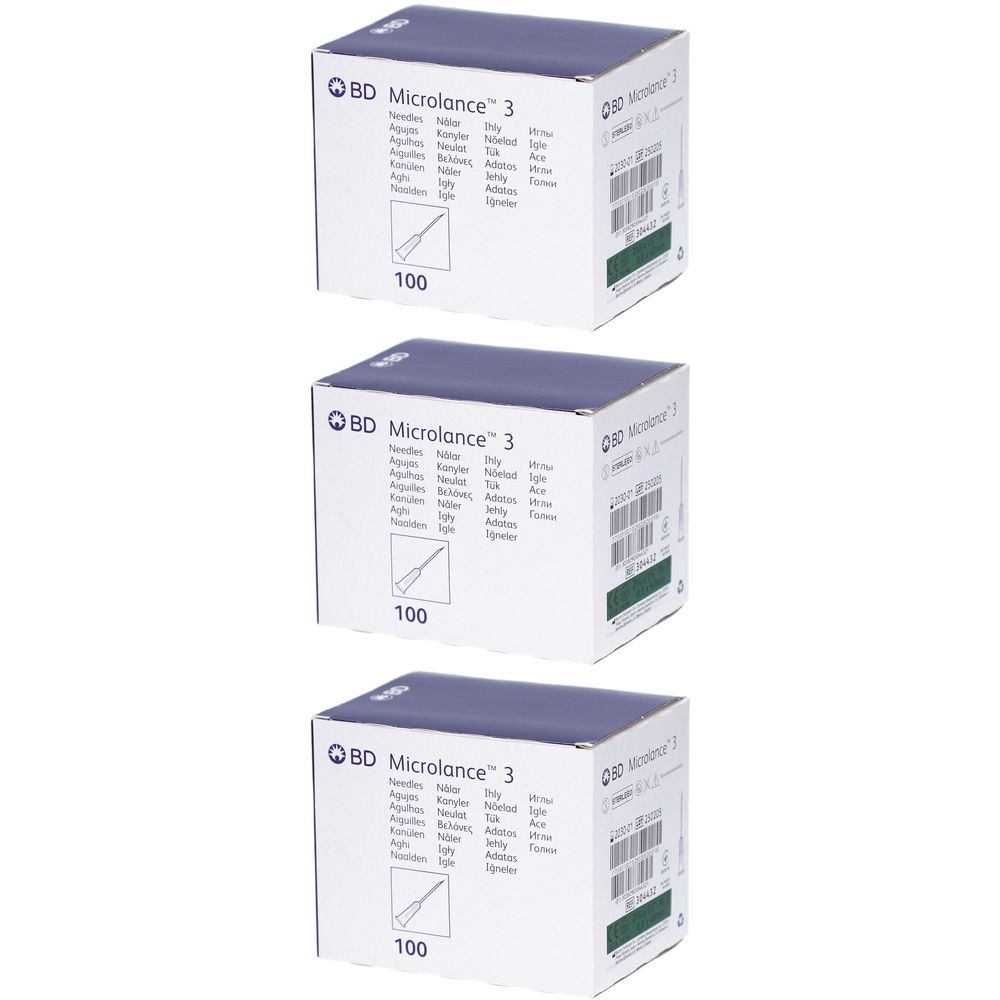 Drei Kartons mit BD Microlance 3 Nadeln. Jeder Karton hat eine blaue Oberseite und enthält 100 Nadeln. Aufdrucke und Barcodes sind sichtbar.