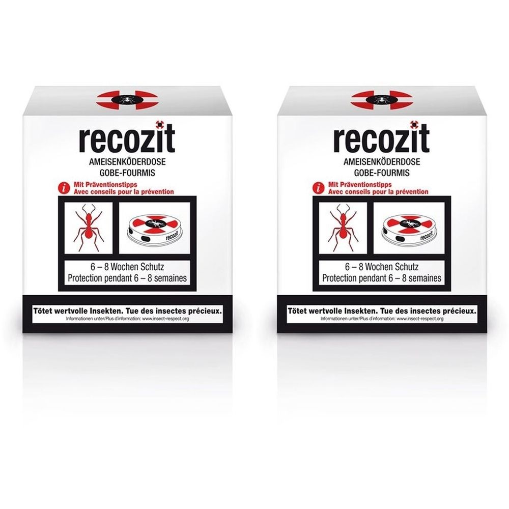 Deux boîtes blanches avec nom et illustrations. Texte: Gobe-fourmis, Protection 6-8 semaines. Tue les insectes précieux.