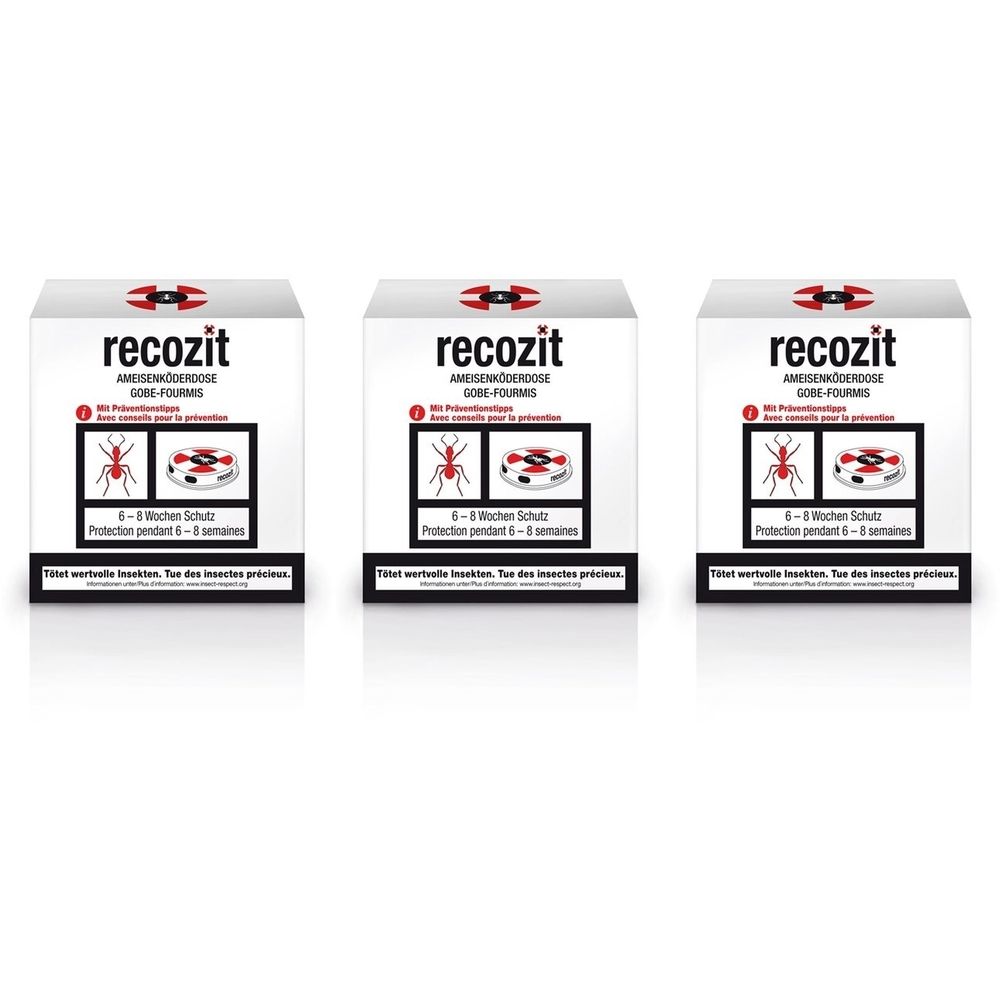Trois boîtes carrées. Marque "recozit". Image d'une fourmi et d'un piège à appâts. Texte: Protection 6-8 semaines.