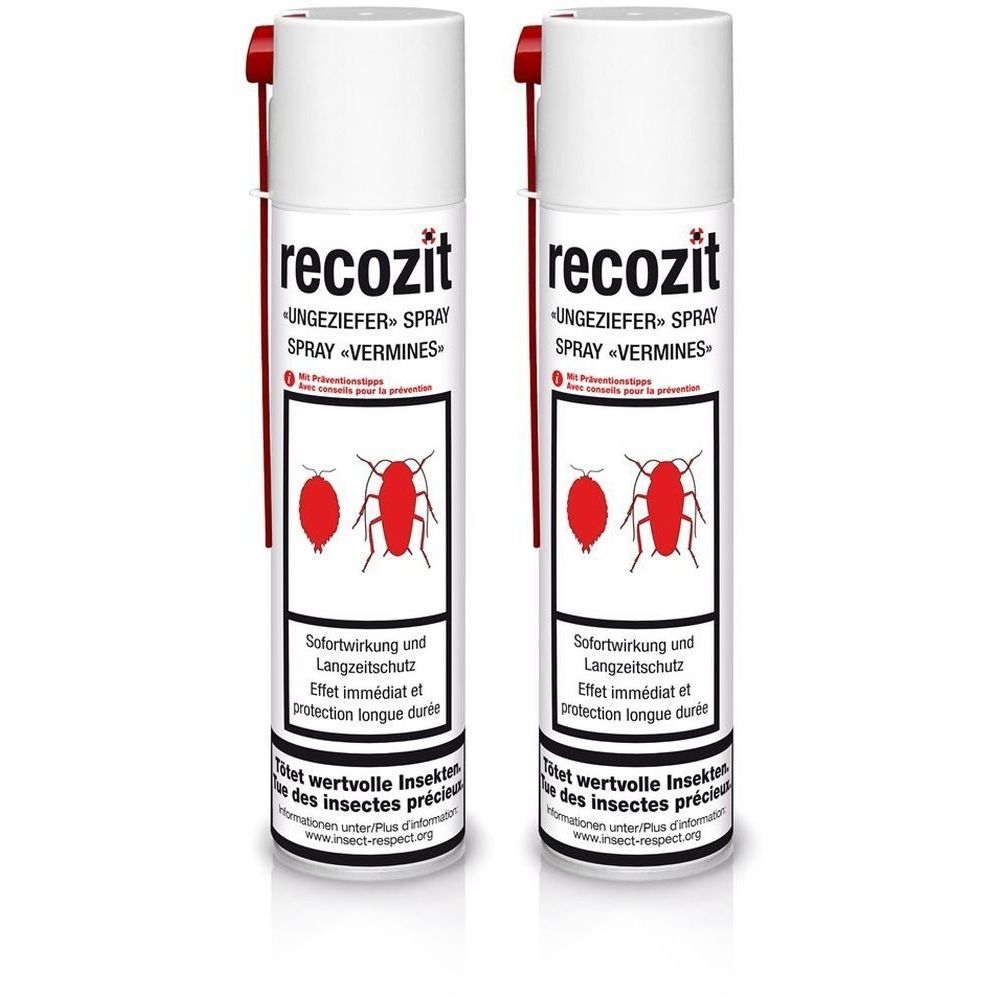 Zwei weiße Sprühdosen mit roter Kappe. Aufschrift: Recozit Ungeziefer Spray. Illustrationen von Insekten.