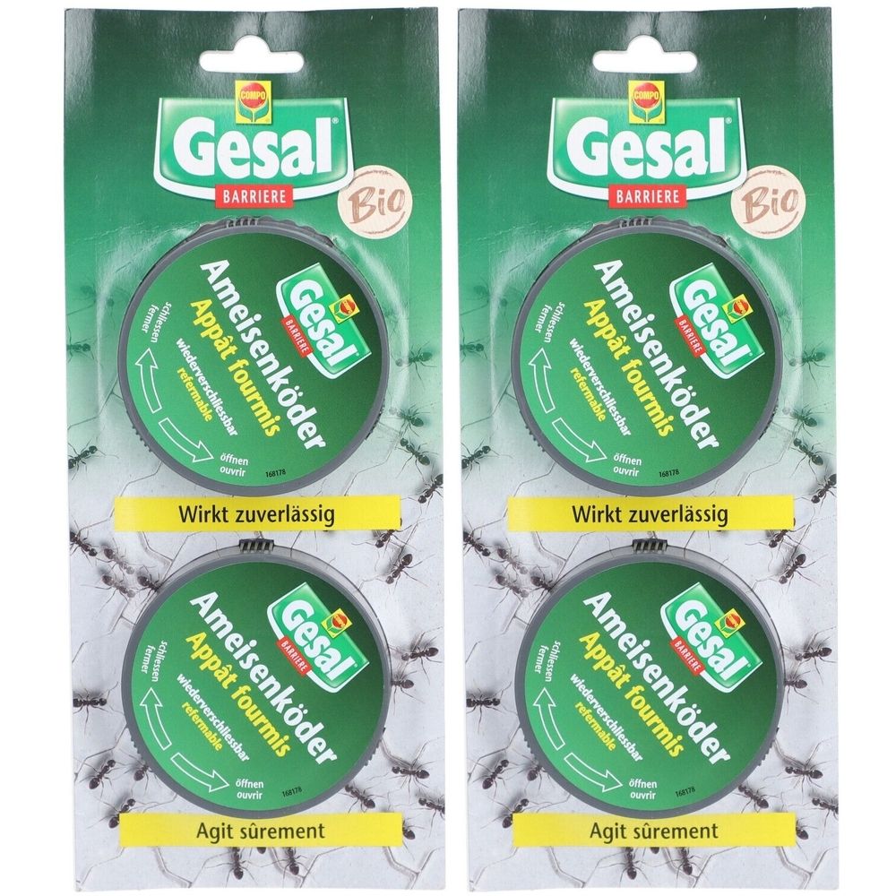 Deux emballages de Gesal Appât fourmis. Boîtes rondes vertes avec texte. Label Bio. Sur une carte avec motif de fourmis.