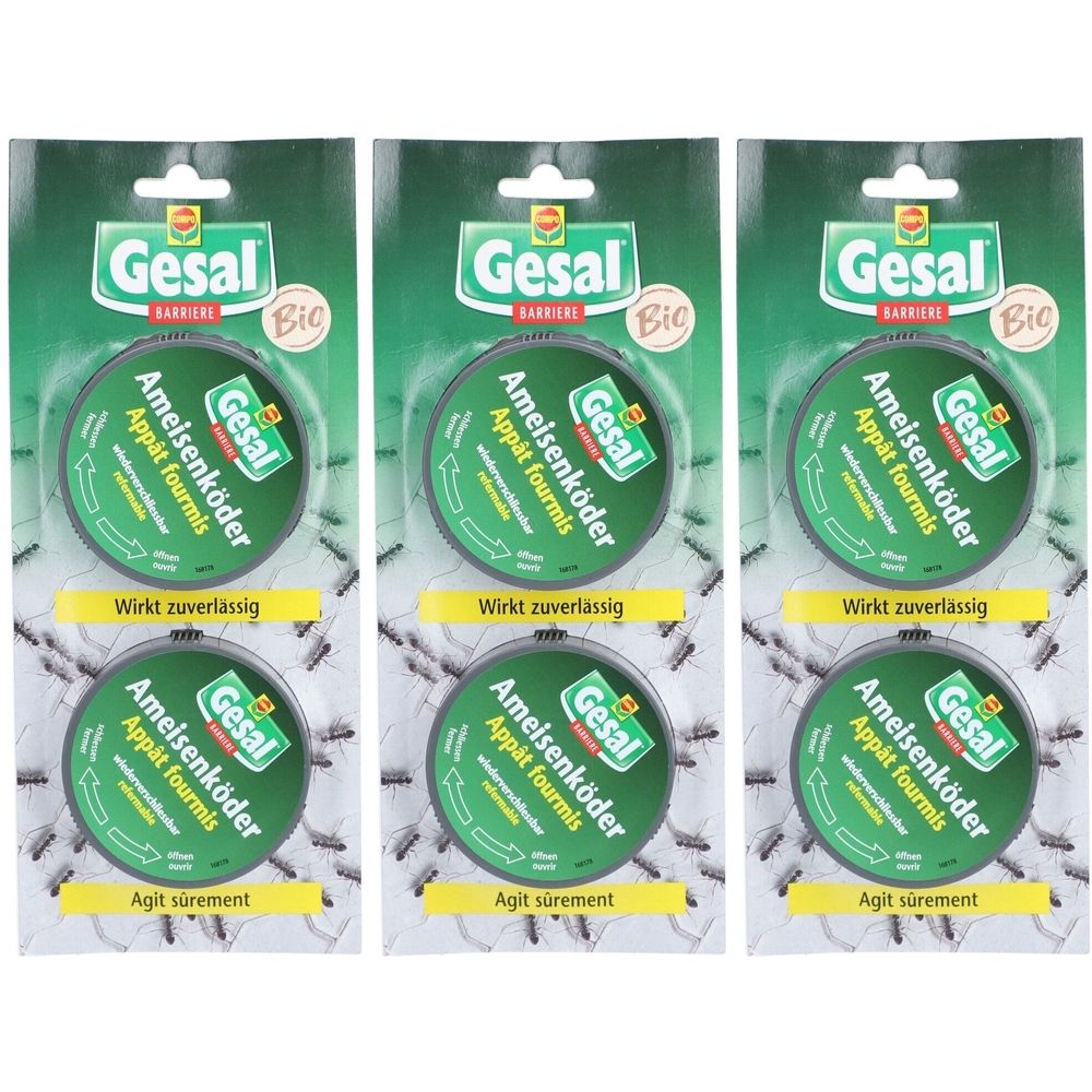 Trois emballages d'appâts à fourmis. Chaque emballage contient deux appâts ronds. "Gesal" et "Ameisenköder" sont visibles.