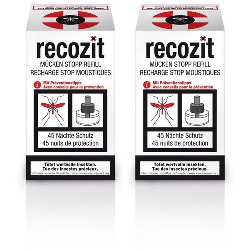 Zwei weiße Kartons mit roter und schwarzer Aufschrift. Aufschrift: Recozit Mücken Stopp Refill. Enthält 45 Nächte Schutz. Abbildung einer Mücke und eines Geräts.