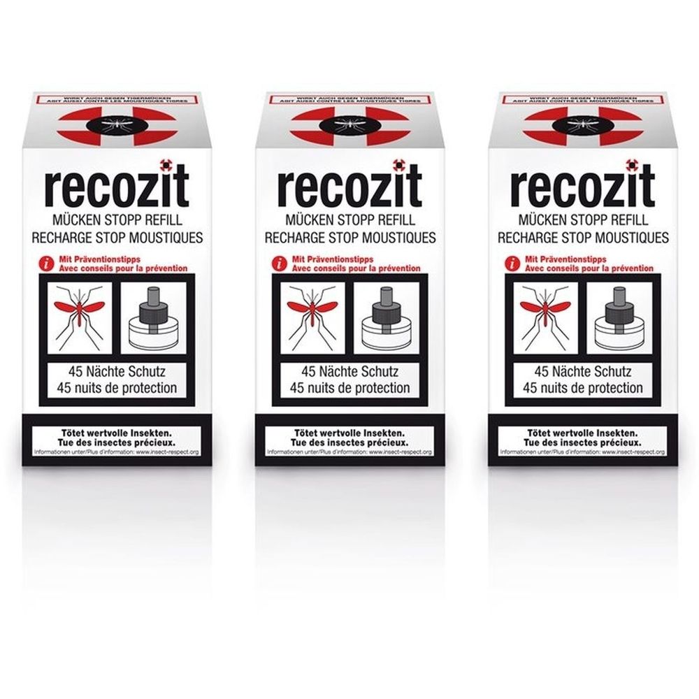 Trois boîtes rectangulaires. Inscription: Recozit Mücken Stopp Refill. Images de moustique et appareil. 45 nuits de protection.