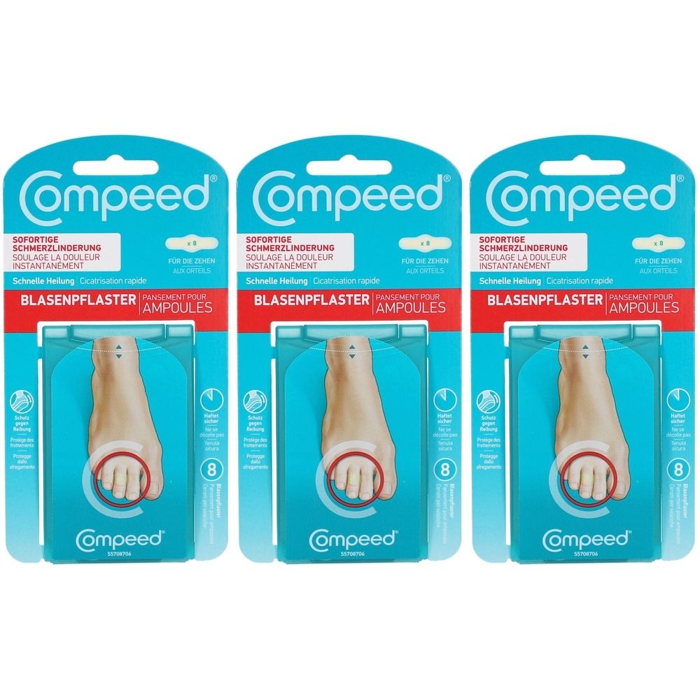 Drei Packungen Compeed Blasenpflaster Zehen. Jede Packung enthält acht Pflaster. Die Verpackung zeigt einen Fuß mit einem roten Kreis.