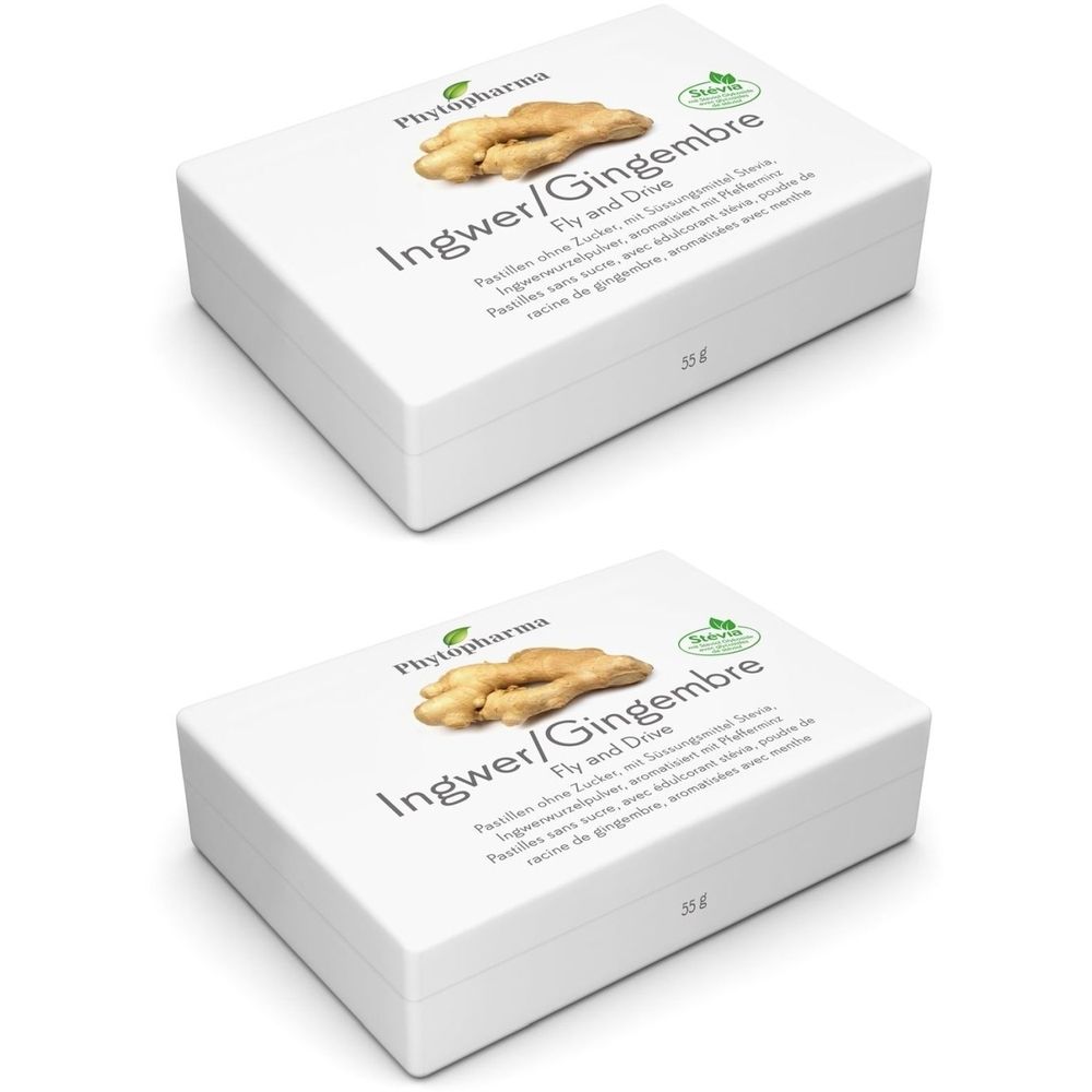 Zwei weiße Schachteln mit Ingwer-Abbildung und Schriftzug Ingwer/Gingembre. Aufschrift: Phytopharma, Fly and Drive, 33g.