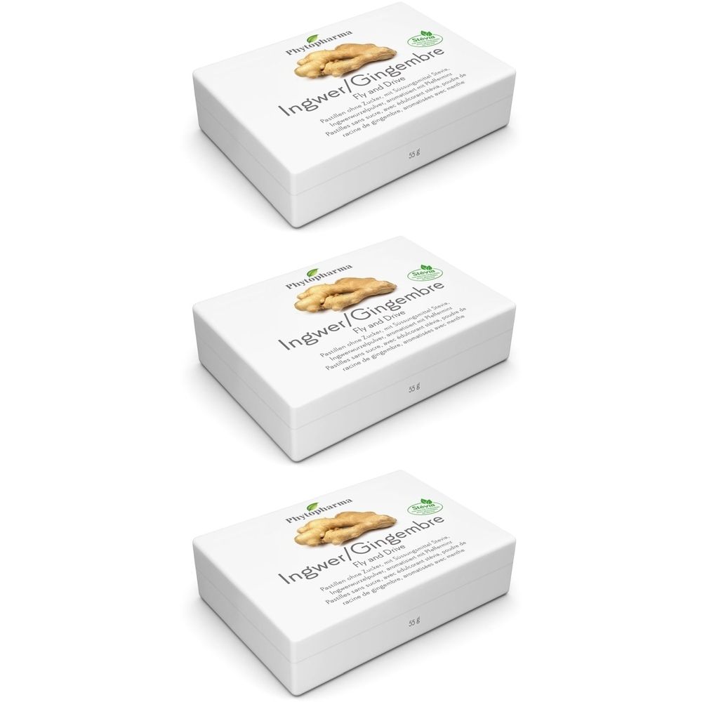 Drei weiße Schachteln mit Ingwer-Abbildung und Schriftzug Ingwer/Gingembre. Logo von Phytopharma.