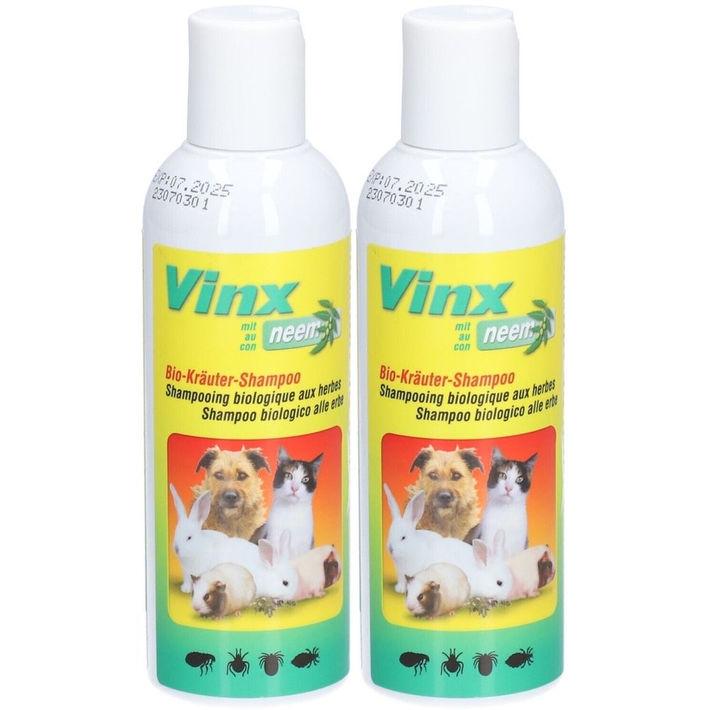 Deux flacons blancs avec étiquette jaune. Inscription : Vinx, shampooing bio aux herbes. Illustration d'animaux.