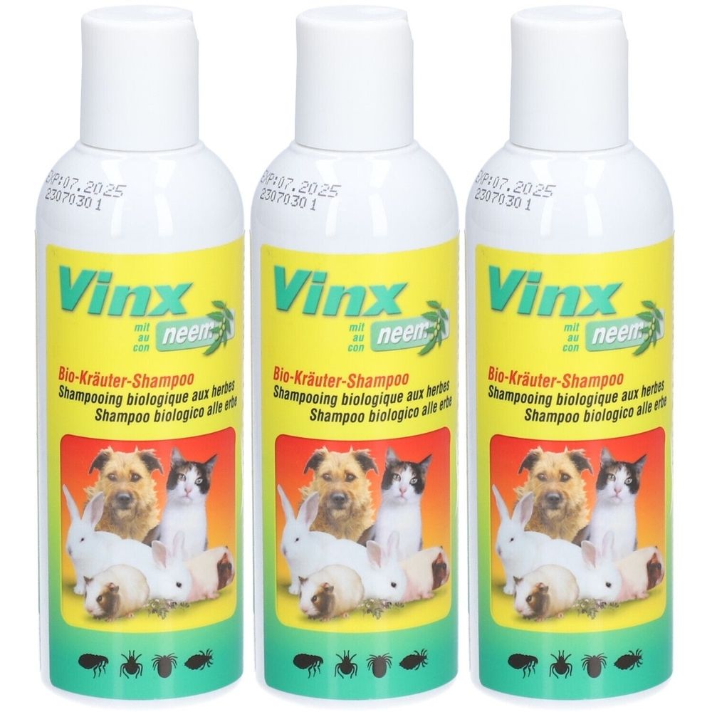 Trois flacons de shampooing avec étiquette jaune. Inscription : Vinx, Bio-Kräuter-Shampoo, Neem. Image d'animaux.