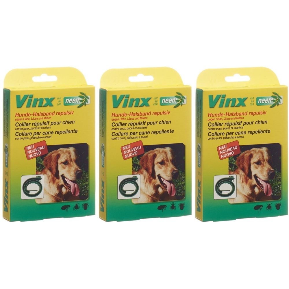 Drei gelbe Produktverpackungen mit dem Aufdruck "Vinx Neem". Auf jeder Packung ist ein Hund abgebildet und der Text "Hunde-Halsband repulsiv".
