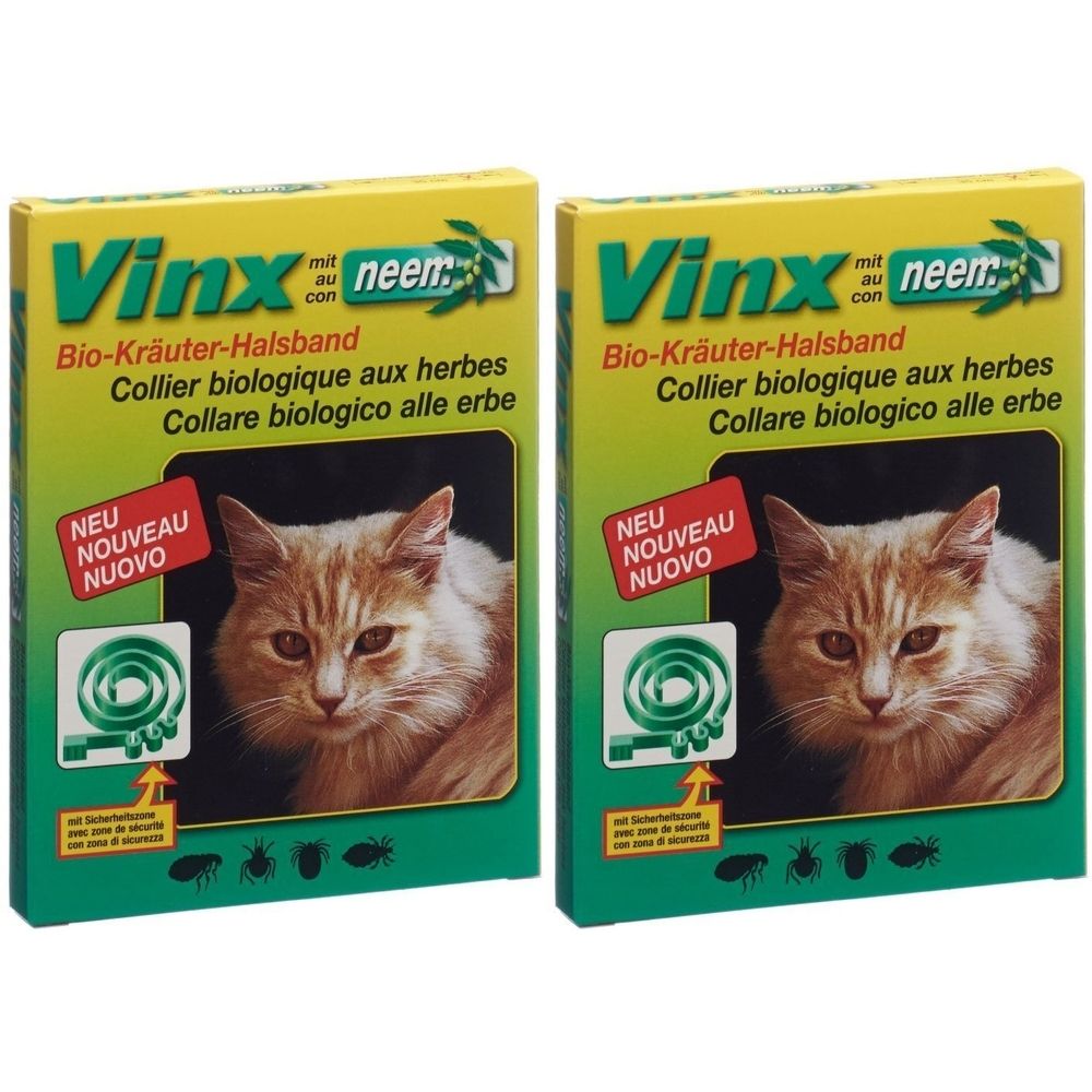 Deux boîtes Vinx neem. Inscription: Bio-Kräuter-Halsband, chat, collier vert, autocollant: NEU.