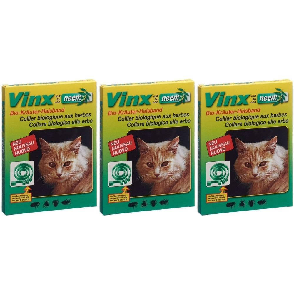Trois boîtes avec image de chat. Inscription : Vinx neem Collier biologique aux herbes. Texte en allemand, français et italien. Avec « NEU ».