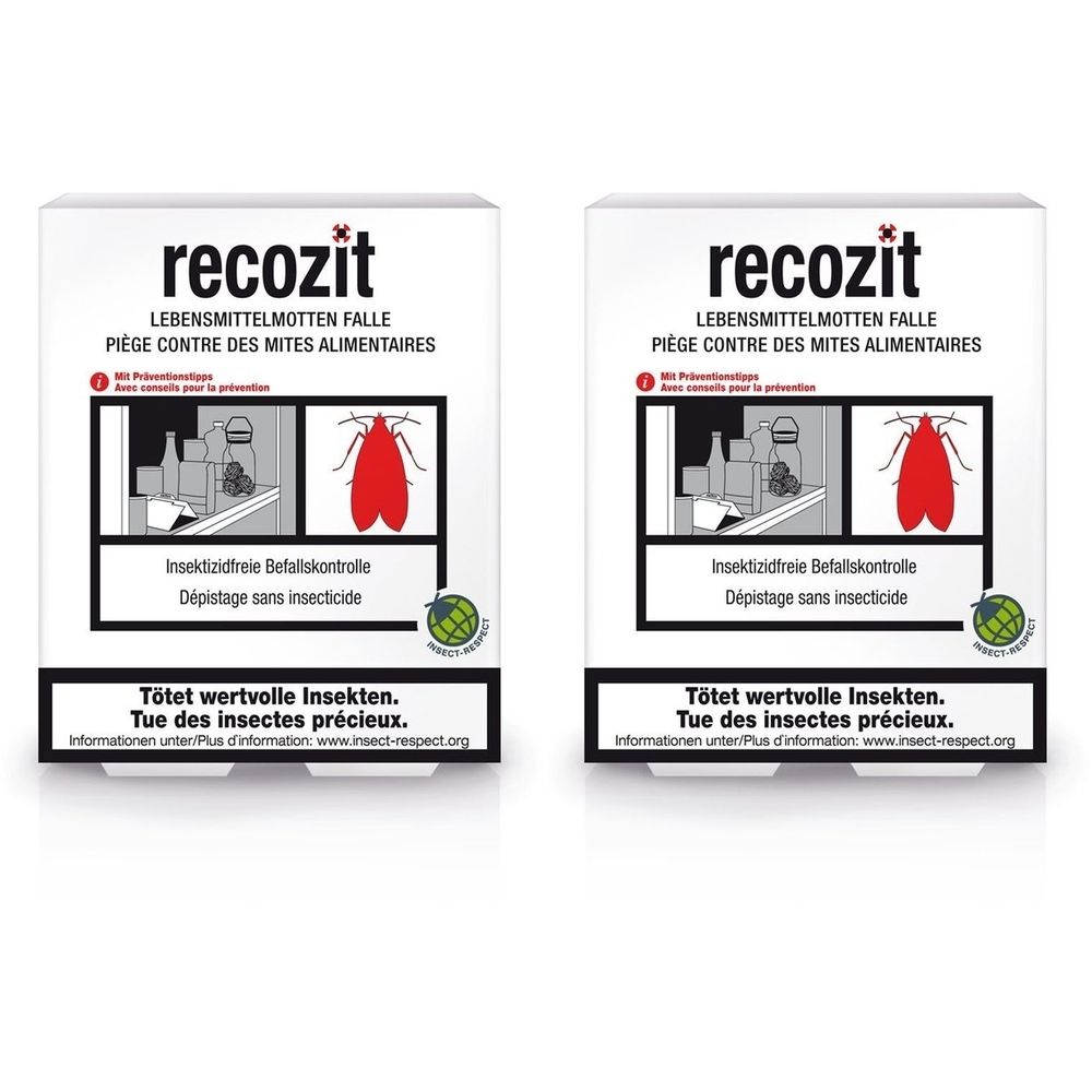 Deux boîtes rectangulaires avec le nom du produit "recozit". Texte : Piège contre les mites alimentaires. Avec une illustration de mite rouge.