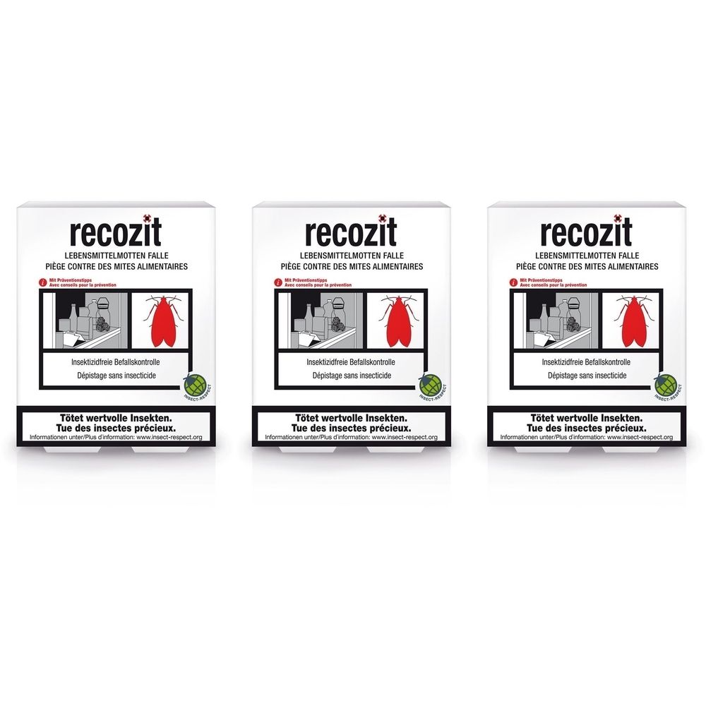 Trois boîtes blanches avec impression du produit. "recozit" en haut. Texte et illustration d'un insecte en dessous. Sous-titres en allemand et français.