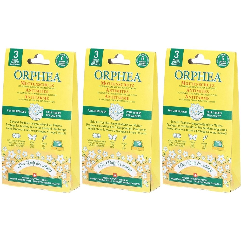 Drei gelbe Verpackungen mit der Aufschrift ORPHEA MOTTENSCHUTZ. Jede Packung enthält 3 Beutel und schützt 6 Monate.