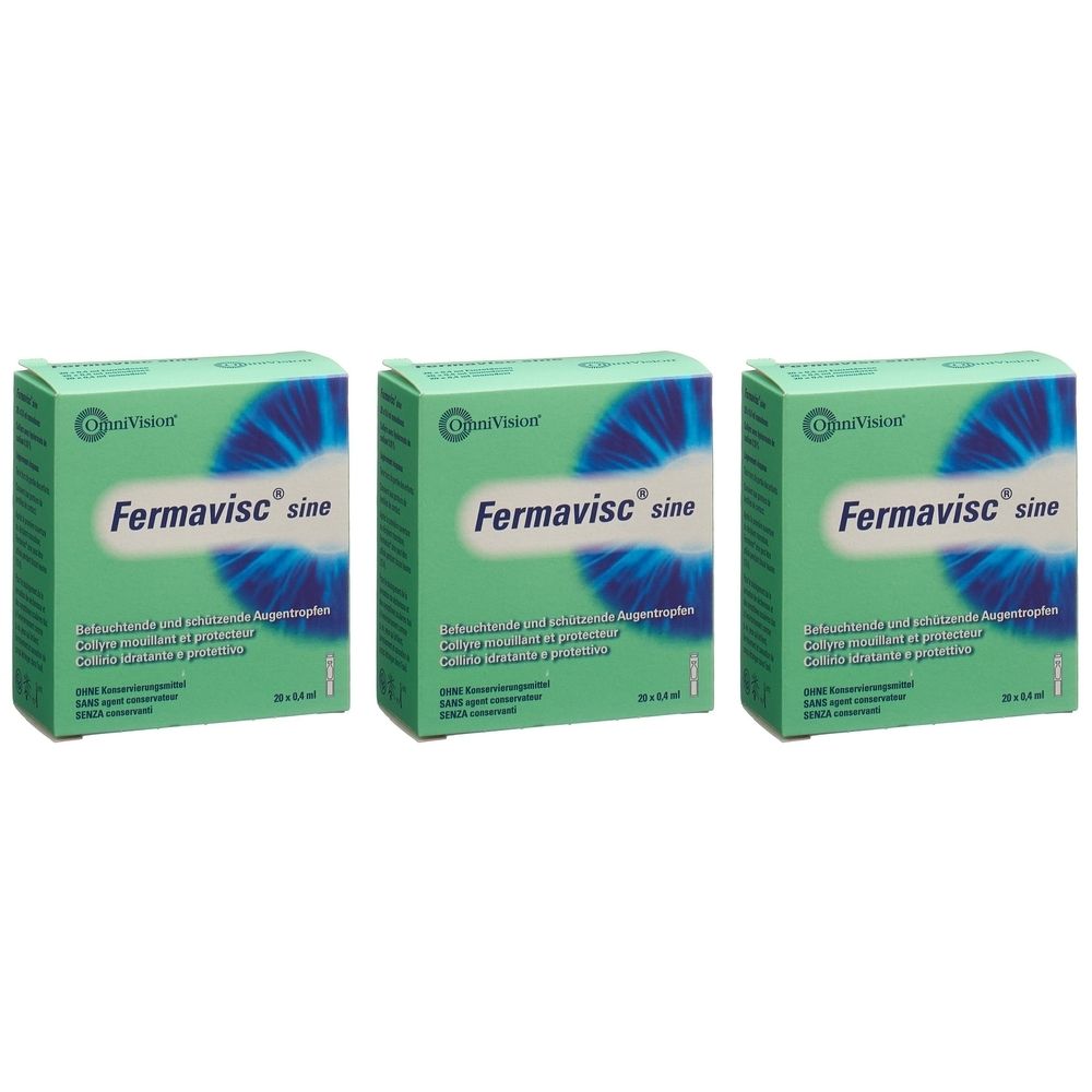 Drei grüne Schachteln mit der Aufschrift "Fermavisc sine". Oben links das Logo von OmniVision. Auf jeder Schachtel steht "20 x 0,4 ml".