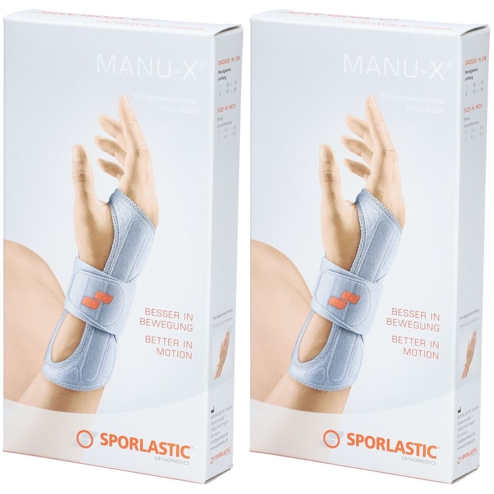 Emballage d'une orthèse de poignet. Inscription MANU-X, SPORLASTIC. Illustration d'un poignet avec une orthèse. Texte: Besser in Bewegung, Better in Motion.
