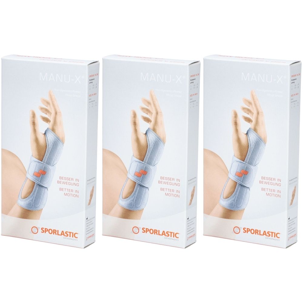 Trois boîtes de l'orthèse de poignet Manu X. Chaque boîte montre l'orthèse portée sur une main, avec le logo SPORLASTIC.